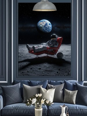 Artmeg Ayda Oturan Astronotun Dünya Manzarası Dekoratif Kanvas - Mdf Ahşap Tablo