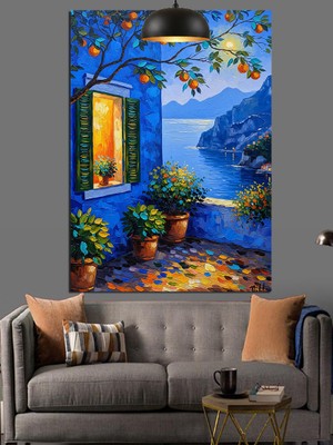 Artmeg Sahil Evi Balkonu Pencere Saksı Gece Dekoratif Kanvas - Mdf Ahşap Tablo