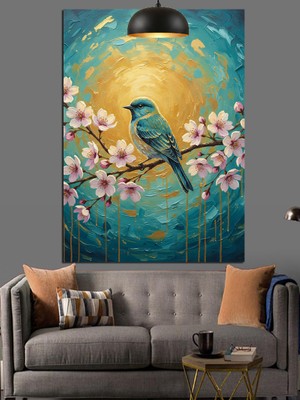 Karizma Tablo Kuş Çiçekler Bahar Çizimi Dekoratif Kanvas - Mdf Ahşap Tablo