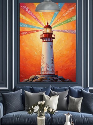 Artmeg Renkli Işıklar Saçan Deniz Feneri  Dekoratif Kanvas - Mdf Ahşap Tablo