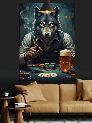 Artmeg Poker Oynayan Kurt Figürü Dekoratif Kanvas - Mdf Ahşap Tablo
