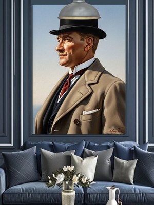 Karizma Tablo Şapkalı Atatürk Portresi Dekoratif Kanvas - Mdf Ahşap Tablo