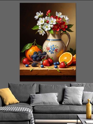 Karizma Tablo Meyve Vazosu Natürmort Dekoratif Kanvas - Mdf Ahşap Tablo