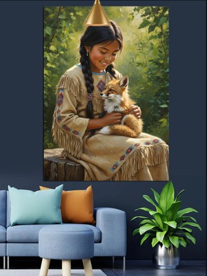 Karizma Tablo Kızılderili Yerli Kız ve Tilki Dekoratif Kanvas - Mdf Ahşap Tablo