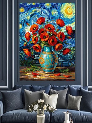 Tablomega Kırmızı Gelincik Çiçeği Vazosu Dekoratif Kanvas - Mdf Ahşap Tablo