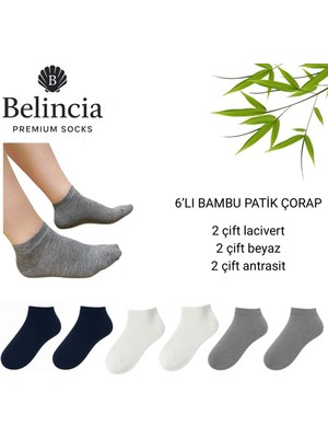 Belincia Bambu Erkek Patik Çorap Dikişsiz Asorti 6'lı Paket (2 Lacivert - 2 Beyaz - 2 Antrasit)