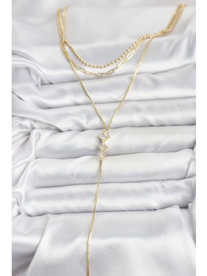 Pirinç Gold Renk Zirkon Taş Detaylı 3'lü Kombin Y Kadın Kolye - Bamido