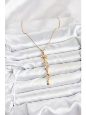 316L Çelik Zincir Gold Renk Güneş ve Enerji Model Kadın Y Kolye - Bamido