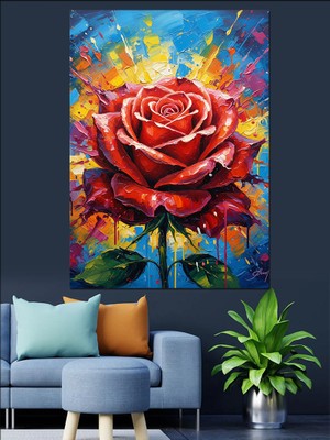 Karizma Tablo Canlı Kırmızı Gül Çiçeği Görseli Dekoratif Kanvas - Mdf Ahşap Tablo