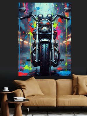 Karizma Tablo Neon Işıklı Motor Silüeti Dekoratif Kanvas - Mdf Ahşap Tablo