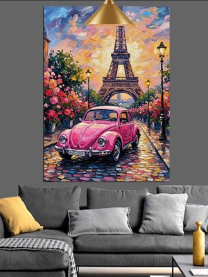 Karizma Tablo Pembe Vosvos Araba Paris Eyfel Kulesi Dekoratif Kanvas - Mdf Ahşap Tablo