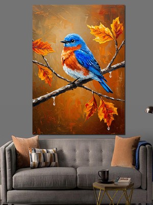 Karizma Tablo Sonbahar Dalında Mavi Kuş Dekoratif Kanvas - Mdf Ahşap Tablo