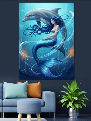 Karizma Tablo Mavi Kuyruklu Deniz Kızı ve Yunus Dekoratif Kanvas - Mdf Ahşap Tablo