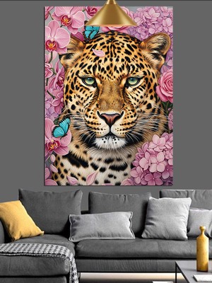 Karizma Tablo Benekli Leopar Pembe Çiçekli Çevre Dekoratif Kanvas - Mdf Ahşap Tablo