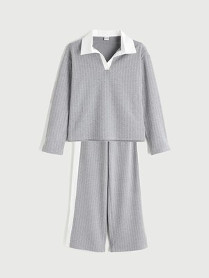 LC Waikiki Lcw Kids Gri Polo Yaka Çizgili Kız Çocuk Sweatshirt ve Tayt