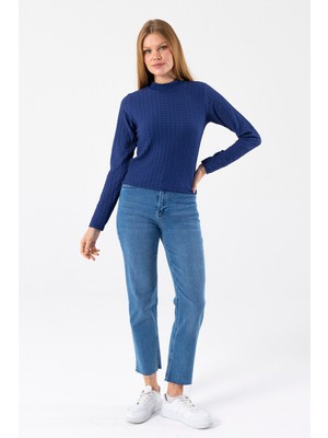 Giysa Kadın Dik Yaka Uzun Kollu Dokulu Bluz Lacivert - 26158