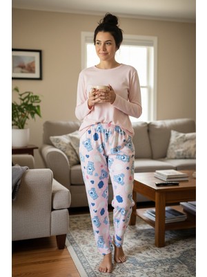 FullaModa Ayıcık Baskılı Kadife Pijama Altı