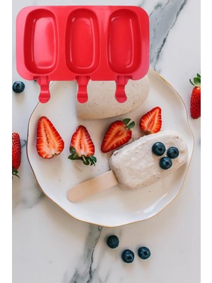 Gampus Silikon Oval Dondurma Yapma Kalıbı 3 Lü Dondurma Kalıbı 50 Adet Ahşap Çubuk Hediye Buz Kalıbı