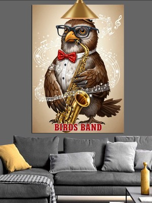 Karizma Tablo Gözlüklü Komik Saksafon Çalan Bandocu Kuş Dekoratif Kanvas - Mdf Ahşap Tablo