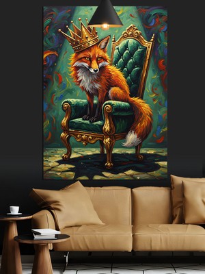 Karizma Tablo Tahtına Oturan Kral Tilki Dekoratif Kanvas - Mdf Ahşap Tablo