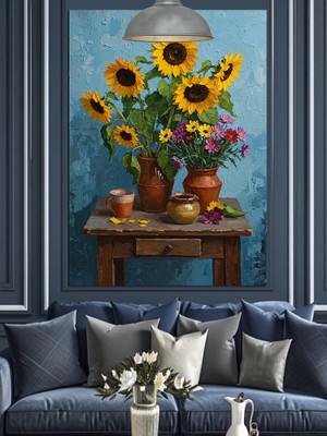 Karizma Tablo Ayçiçeği Vazo Natürmort Dekoratif Kanvas - Mdf Ahşap Tablo