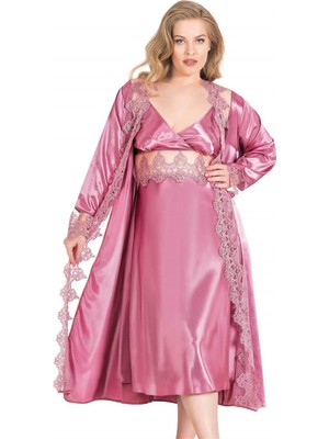 Venüs Shopping Büyük Beden Gül Kurusu Uzun Ikili Saten Sabahlık Gecelik Takımı