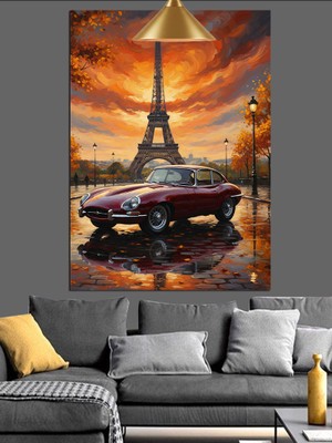 Tablomega Eyfel Kulesi ve Kırmızı Spor Araba Dekoratif Kanvas - Mdf Ahşap Tablo