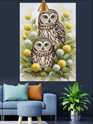 Artmeg Iki Baykuş Yavru Aile Dekoratif Kanvas - Mdf Ahşap Tablo