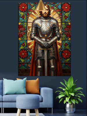 Artmeg Vitray Pencere Fonlu Şövalye ve Kılıcı Dekoratif Kanvas - Mdf Ahşap Tablo