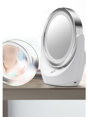 Gampus 5x Büyüteçli LED Işıklı Makyaj Aynası - Beyaz Dekor LED Işıklı Dokunmatik Makyaj Aynası 360 Derece