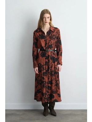 Gusto Desenli Uzun Gömlek Elbise - Kiremit