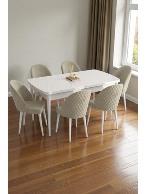 Baresmu Mura Beyaz 80X132 Açılabilir Mdf Masa Yemek Odası Takımı, Mutfak Takımı 6 Adet Sandalye