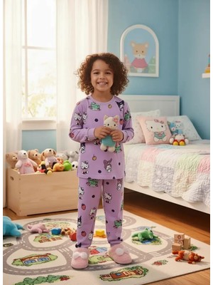 Isobel Isob Lila Kuromi ve Hello Kitty Desenli %100 Pamuk Kız Çocuk Pijama Takımı 3-13 Yaş 51232-51424