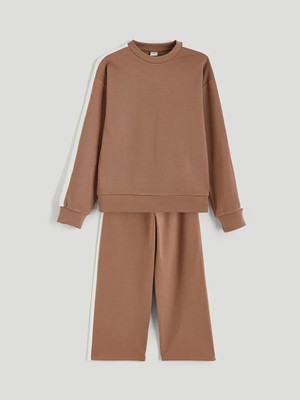 LC Waikiki Lcw Kids Kahverengi Bisiklet Yaka Kız Çocuk Sweatshirt ve Eşofman Altı