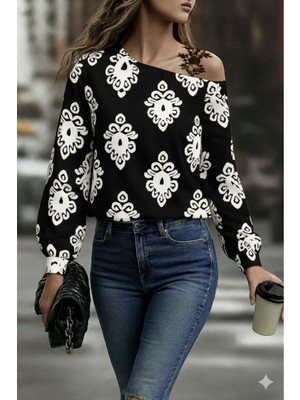 Kadın Askılı Uzun Kollu Omuzlardan Açık Desenli Mosskrep Bluz