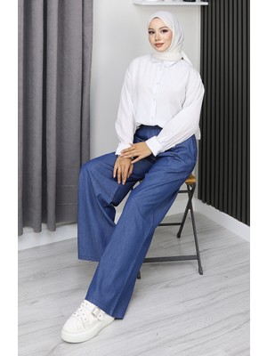 Sefa Merve Tensel Beli Lastikli Kot Pantolon 7568-07 Koyu Lacivert
