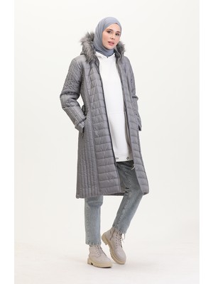 Kürklü Kapitone Mont 0812-05 Gri