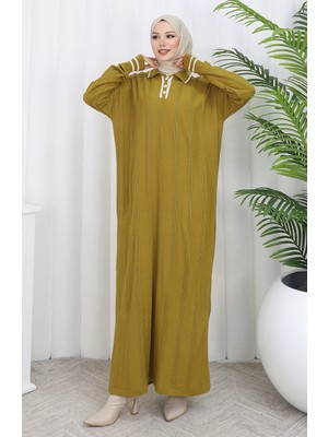 Triko Polo Yaka Düğmeli Elbise 1135-01 Yağ Yeşili