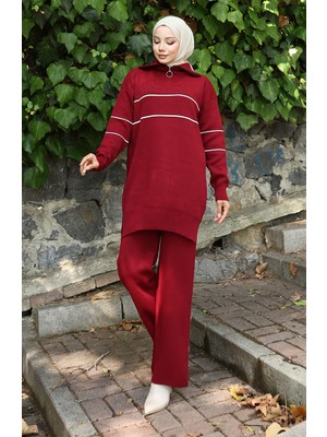 Triko Fermuarlı Tunik Pantolon Ikili Takım 1050-07 Bordo