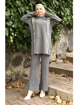 Triko Boydan Düğmeli Tunik Pantolon Ikili Takım 1128-06 Gri