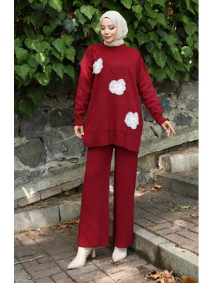 Triko Boncuk Işlemeli Tunik Pantolon Ikili Takım 1016-05 Bordo