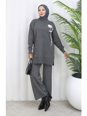 Triko Çiçek Detaylı Tunik Pantolon Ikili Takım 1037-08 Gri