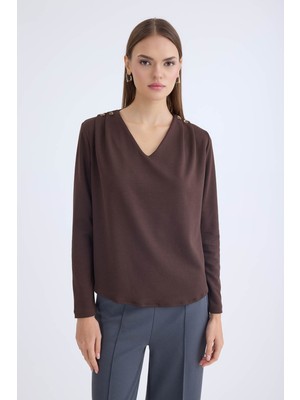 V Yaka Omuzu Düğmeli Uzun Kol Bluz