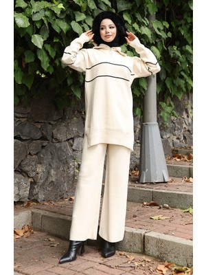 Triko Fermuarlı Tunik Pantolon Ikili Takım 1050-03 Bej
