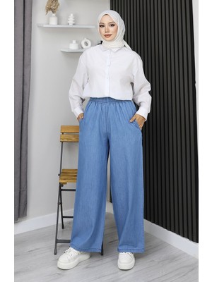 Sefa Merve Tensel Beli Lastikli Kot Pantolon 7568-06 Açık Lacivert
