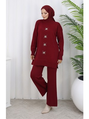 Triko Inci Işlemeli Tunik Pantolon Ikili Takım 1068-08 Bordo