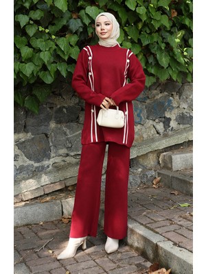 Triko Boydan Düğmeli Tunik Pantolon Ikili Takım 1128-05 Bordo