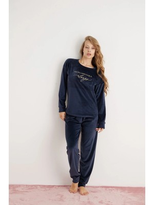 Pijamoni Kadın Yumuşak Kadife Lacivert Pijama Takımı