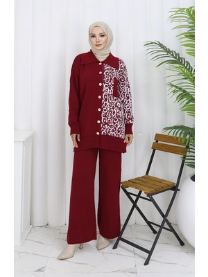 Triko Garnili Düğmeli Tunik Pantolon Ikili Takım 1078-08 Bordo