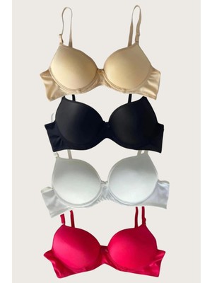 Venüs Shopping Siyah-Beyaz-Kırmızı-Ten 4'lü Dolgulu Push Up Micro Balenli Günlük Tek Destekli Sütyen